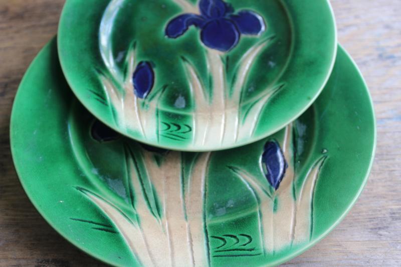 photo of art nouveau Awaji pottery early 1900s vintage Japan tea set dishes incised iris flower #3