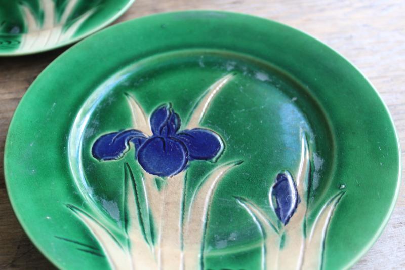 photo of art nouveau Awaji pottery early 1900s vintage Japan tea set dishes incised iris flower #5