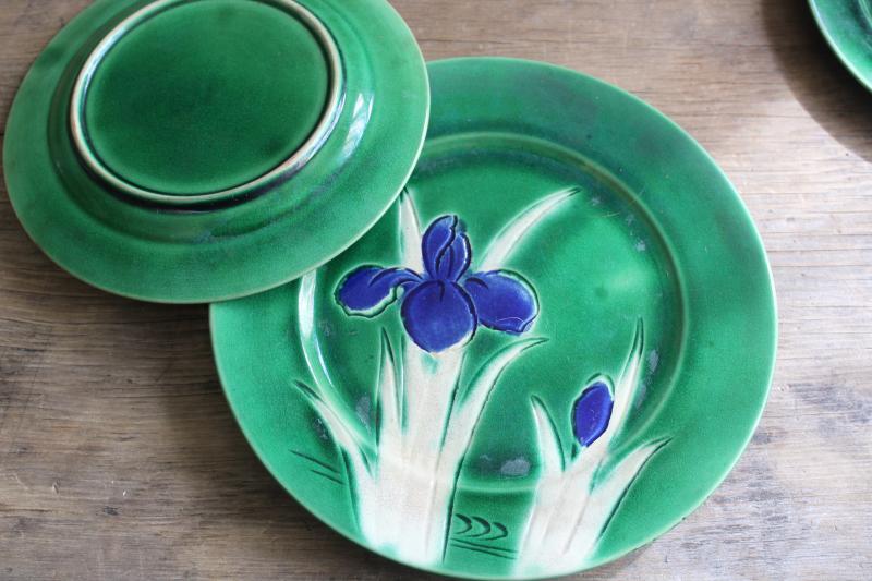 photo of art nouveau Awaji pottery early 1900s vintage Japan tea set dishes incised iris flower #9