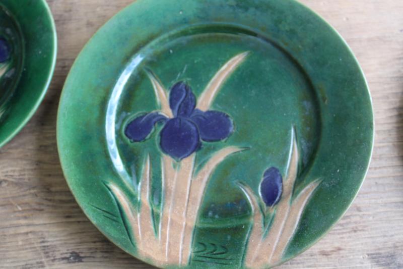 photo of art nouveau Awaji pottery early 1900s vintage Japan tea set dishes incised iris flower #6