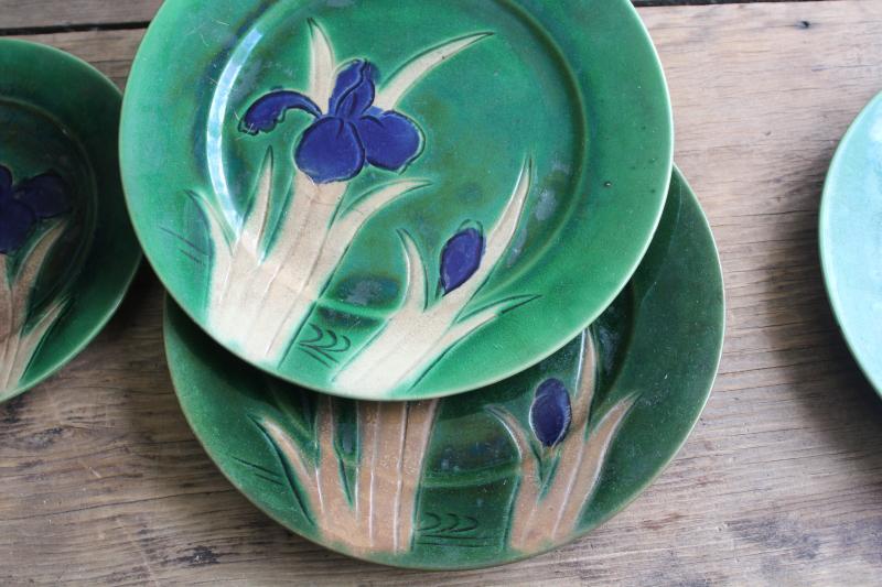photo of art nouveau Awaji pottery early 1900s vintage Japan tea set dishes incised iris flower #7