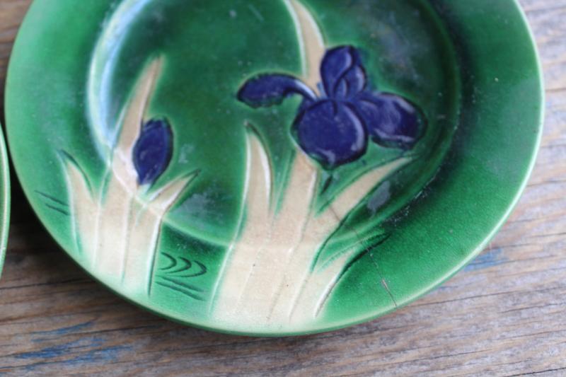 photo of art nouveau Awaji pottery early 1900s vintage Japan tea set dishes incised iris flower #9