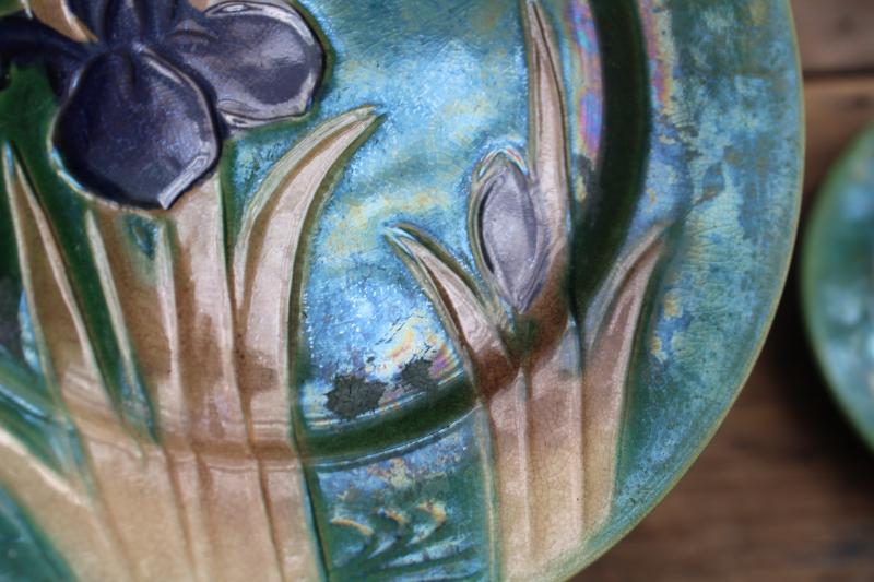 photo of art nouveau Awaji pottery early 1900s vintage Japan tea set dishes incised iris flower #10
