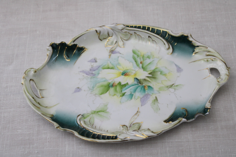 photo of art nouveau antique hand painted china tray, unmarked porcelain w/ molded leaves RS Prussia vintage #1