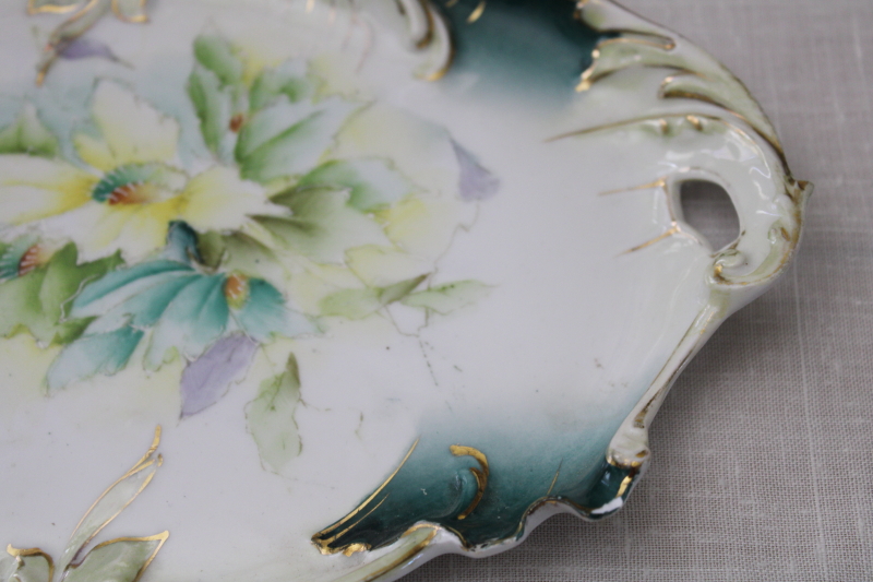 photo of art nouveau antique hand painted china tray, unmarked porcelain w/ molded leaves RS Prussia vintage #2