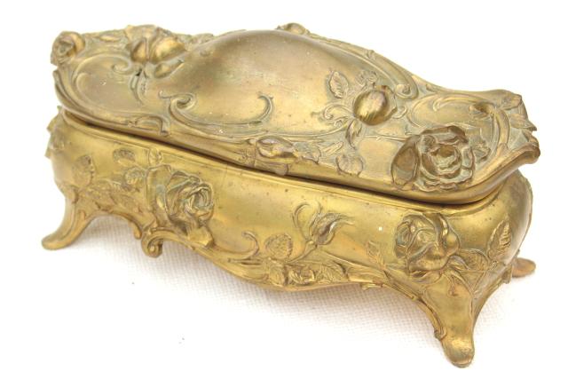 photo of art nouveau roses antique cast metal jewelry box, unusual large long size #1