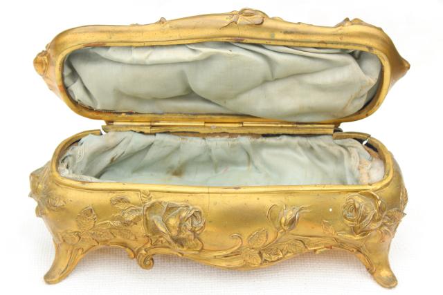 photo of art nouveau roses antique cast metal jewelry box, unusual large long size #2