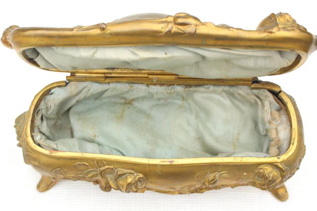 photo of art nouveau roses antique cast metal jewelry box, unusual large long size #3