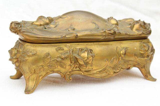 photo of art nouveau roses antique cast metal jewelry box, unusual large long size #7