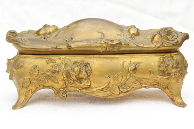 photo of art nouveau roses antique cast metal jewelry box, unusual large long size #8