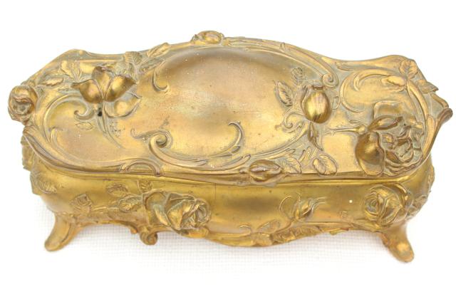 photo of art nouveau roses antique cast metal jewelry box, unusual large long size #14