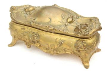 catalog photo of art nouveau roses antique cast metal jewelry box, unusual large long size