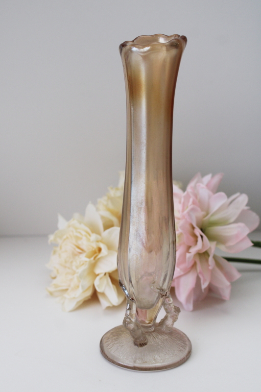 photo of art nouveau style twig pattern bud vase, vintage carnival glass marigold color luster  #1