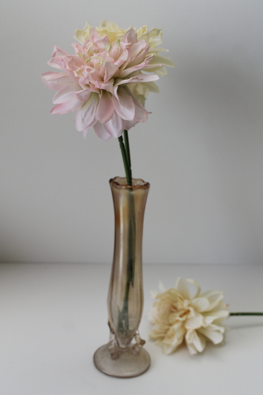 photo of art nouveau style twig pattern bud vase, vintage carnival glass marigold color luster  #2