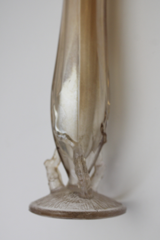 photo of art nouveau style twig pattern bud vase, vintage carnival glass marigold color luster  #4