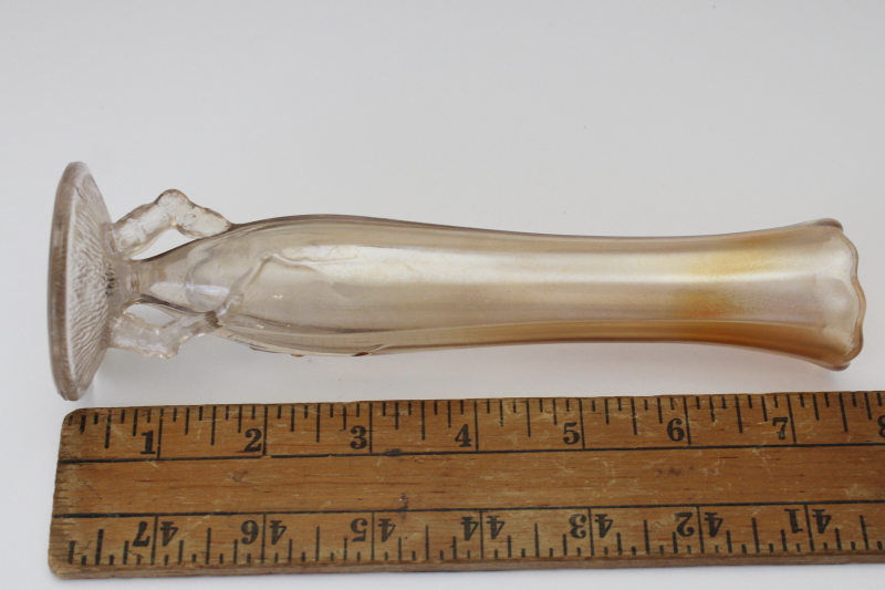 photo of art nouveau style twig pattern bud vase, vintage carnival glass marigold color luster  #5