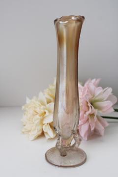 catalog photo of art nouveau style twig pattern bud vase, vintage carnival glass marigold color luster 
