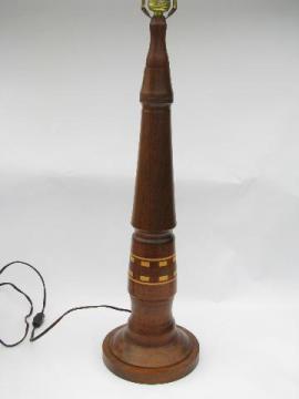 catalog photo of artisan hand-crafted wood intarsia table lamp, walnut w/ maple inlay