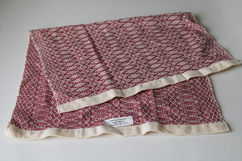 photo of artist hand woven cotton towel, country primitive homespun style barn red & cream #1