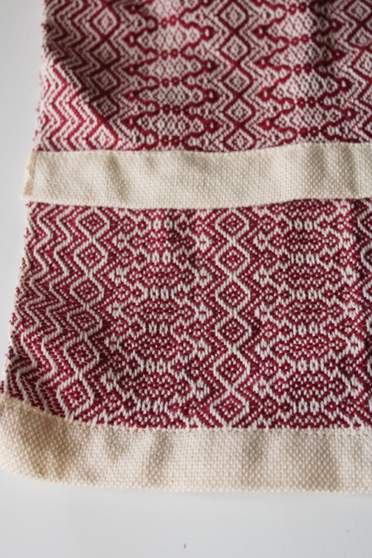 photo of artist hand woven cotton towel, country primitive homespun style barn red & cream #2