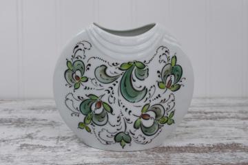 catalog photo of artist signed Norwegian hand painted china vase, traditional folk art modern rosemaling