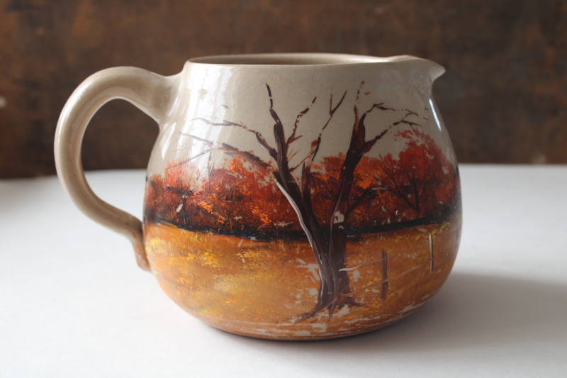 photo of artist signed folk art hand painted farm barn fall landscape scene on old stoneware crock jug  #2