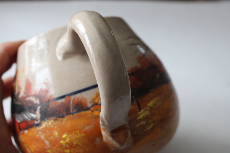 photo of artist signed folk art hand painted farm barn fall landscape scene on old stoneware crock jug  #3