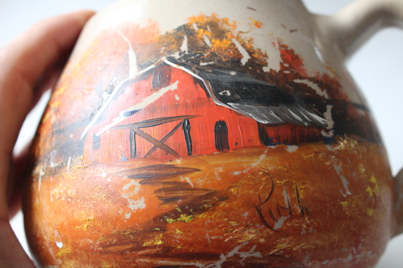 photo of artist signed folk art hand painted farm barn fall landscape scene on old stoneware crock jug  #4