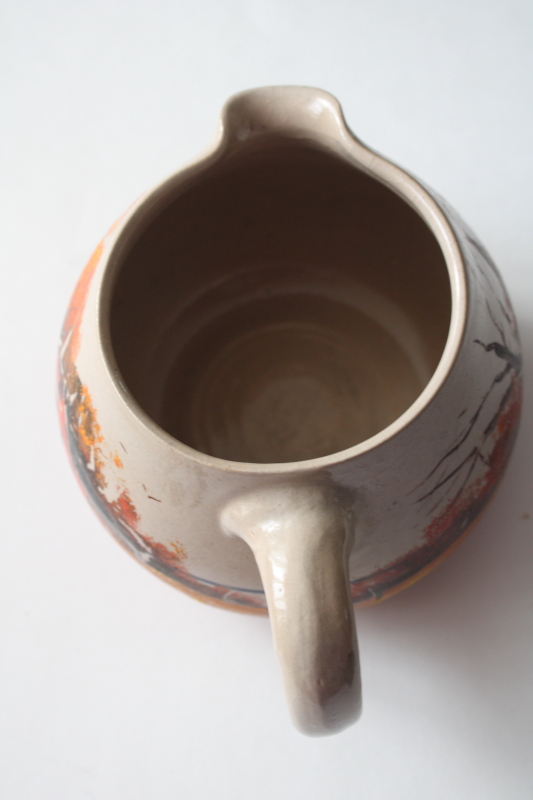 photo of artist signed folk art hand painted farm barn fall landscape scene on old stoneware crock jug  #5