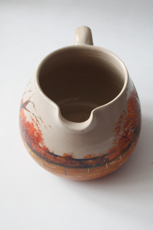 photo of artist signed folk art hand painted farm barn fall landscape scene on old stoneware crock jug  #6