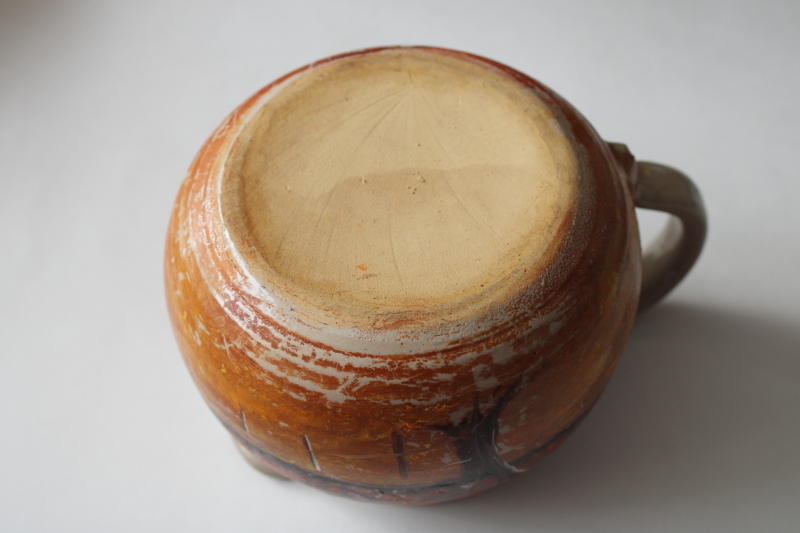 photo of artist signed folk art hand painted farm barn fall landscape scene on old stoneware crock jug  #7