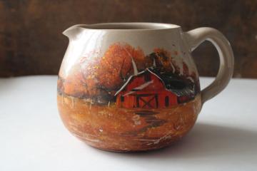 artist signed folk art hand painted farm barn fall landscape scene on old stoneware crock jug 