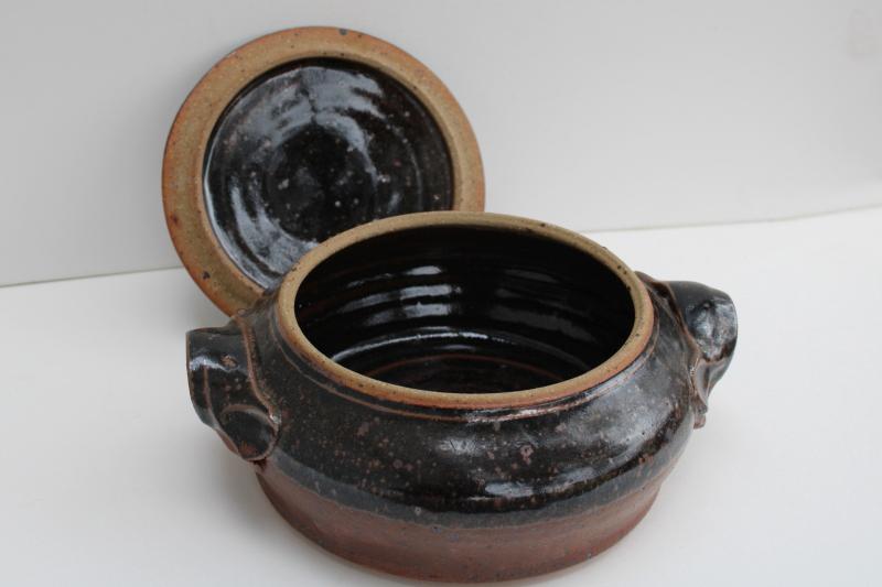 photo of artist signed hand crafted thrown pottery pot, vintage rustic clay bowl w/ lid #2