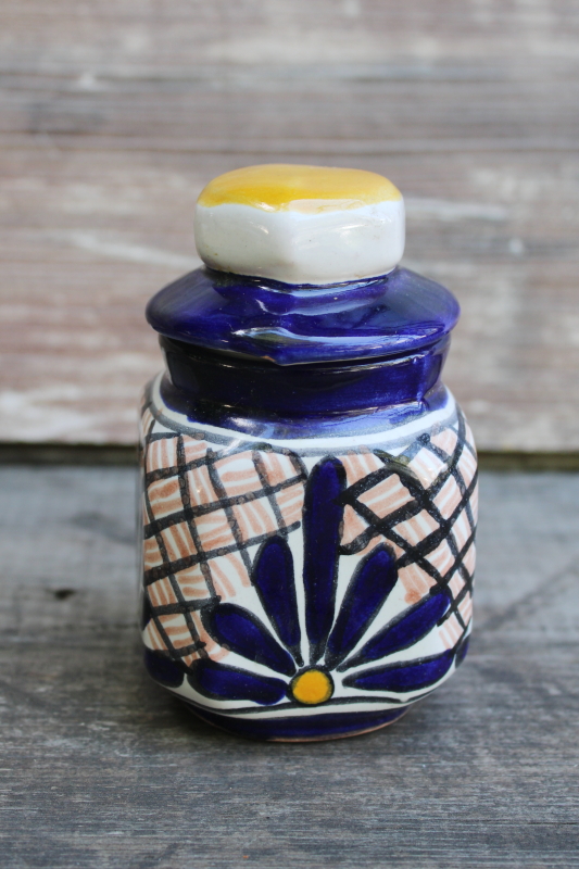photo of artist signed hand painted Mexican pottery spice jar w/ lid, Talavera style vintage Mexico  #1