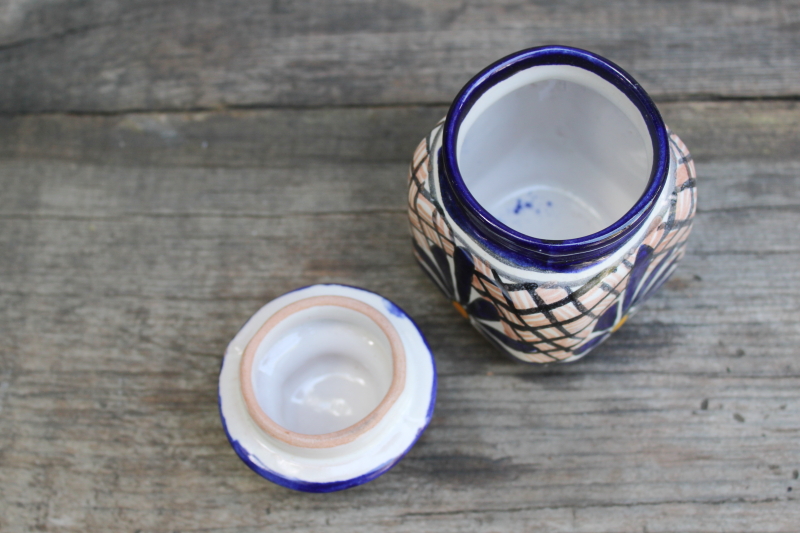 photo of artist signed hand painted Mexican pottery spice jar w/ lid, Talavera style vintage Mexico  #2