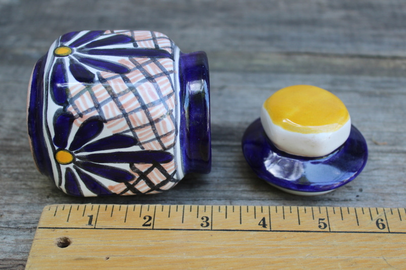 photo of artist signed hand painted Mexican pottery spice jar w/ lid, Talavera style vintage Mexico  #5