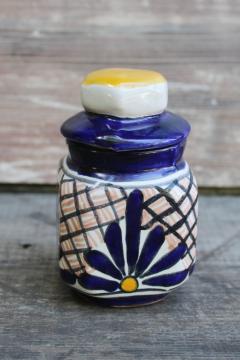 catalog photo of artist signed hand painted Mexican pottery spice jar w/ lid, Talavera style vintage Mexico 