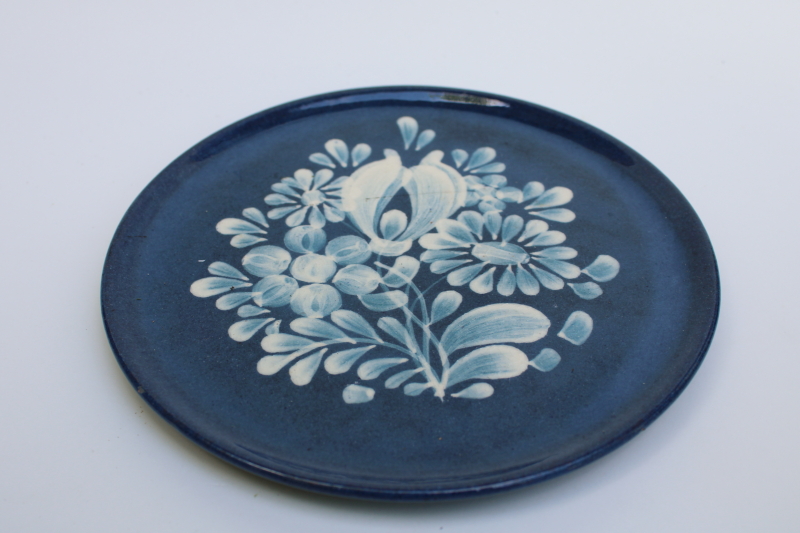 photo of artist signed hand painted pottery plate, old world style folk art floral white on deep blue  #1