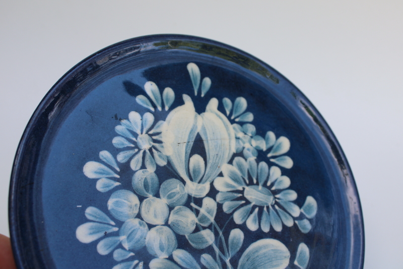 photo of artist signed hand painted pottery plate, old world style folk art floral white on deep blue  #2