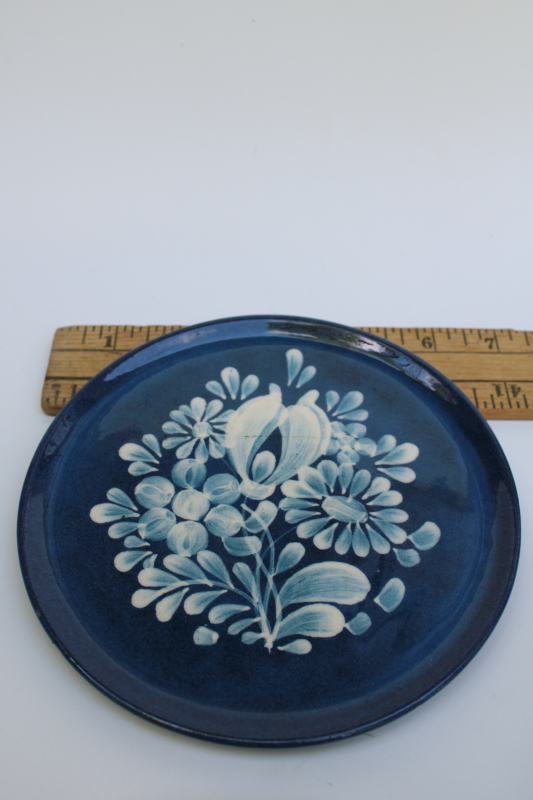 photo of artist signed hand painted pottery plate, old world style folk art floral white on deep blue  #4