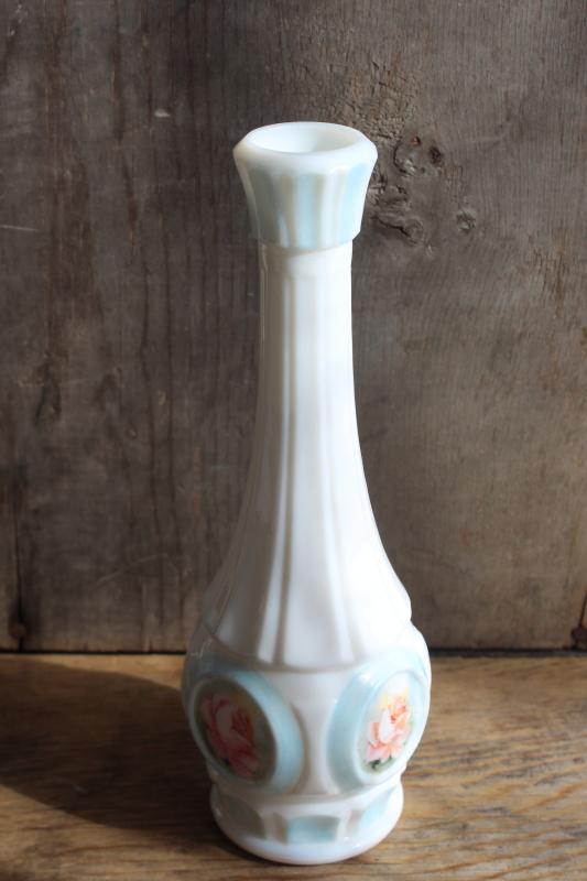 photo of artist signed hand painted vintage milk glass bud vase, rose medallion floral #2