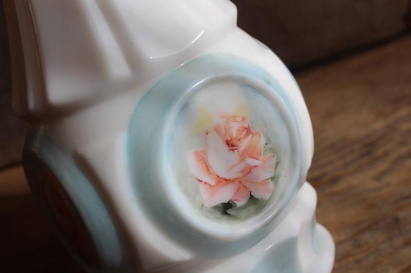 photo of artist signed hand painted vintage milk glass bud vase, rose medallion floral #3