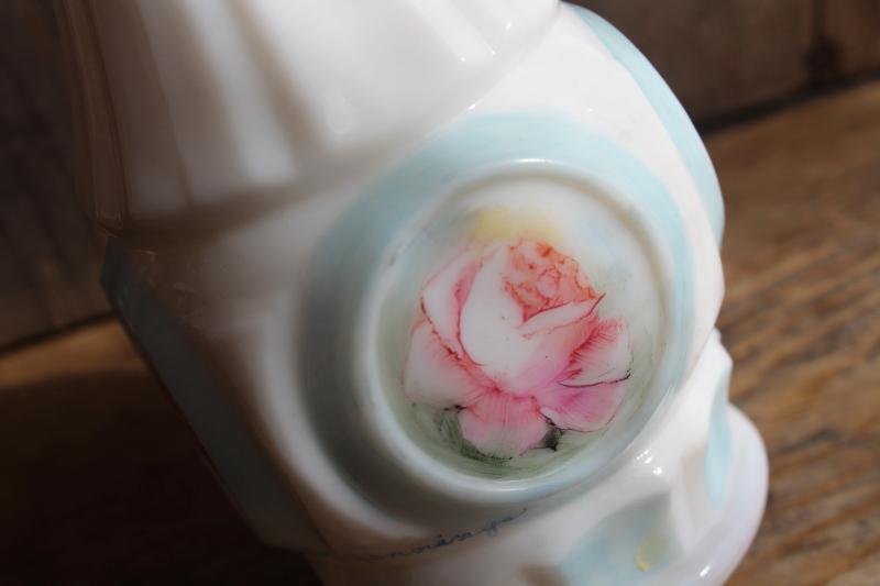 photo of artist signed hand painted vintage milk glass bud vase, rose medallion floral #4