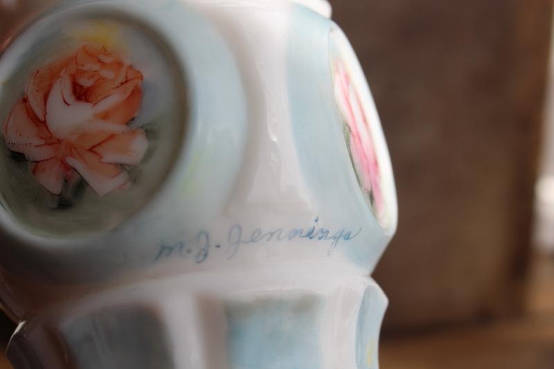 photo of artist signed hand painted vintage milk glass bud vase, rose medallion floral #7