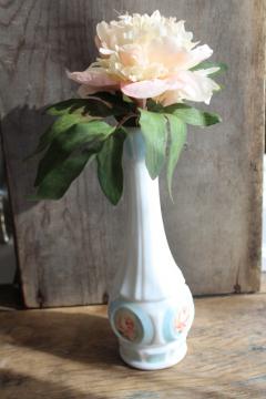 catalog photo of artist signed hand painted vintage milk glass bud vase, rose medallion floral