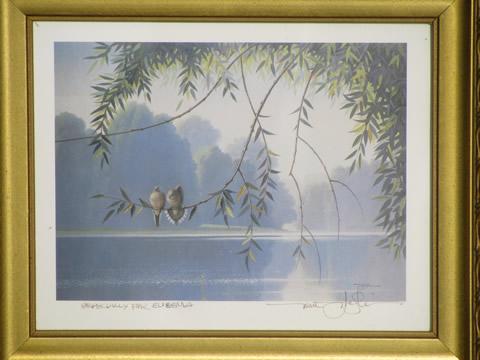 photo of artist signed vintage bird print, doves on a branch / Rene Heflin #2