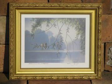 catalog photo of artist signed vintage bird print, doves on a branch / Rene Heflin