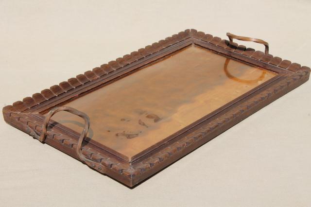 photo of arts & crafts period vintage carved wood tray w/ hammered wrought copper handles #1