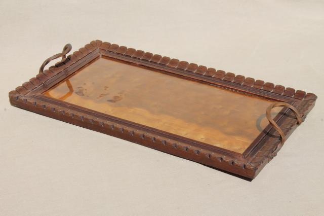 photo of arts & crafts period vintage carved wood tray w/ hammered wrought copper handles #2