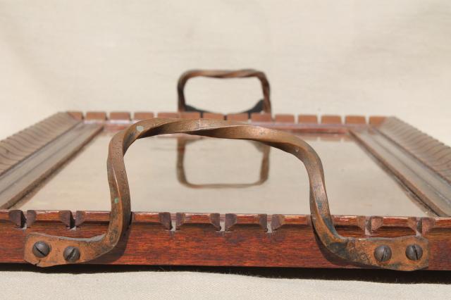 photo of arts & crafts period vintage carved wood tray w/ hammered wrought copper handles #4